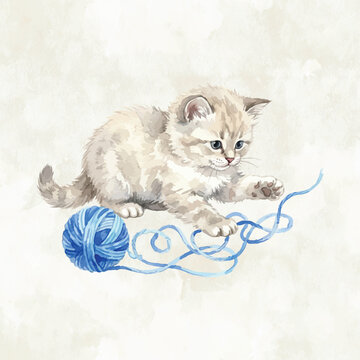 watercolor kitten playing with blue yarn ball illustration