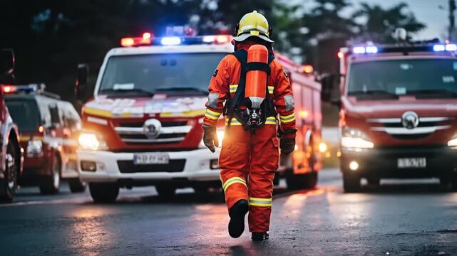 Firefighter in orange suit runs towards emergency vehicles on rainy road