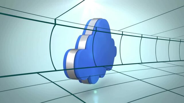 Camera moving, blue cloud icon rotating and drifting through wireframe tunnel, showing silver rim