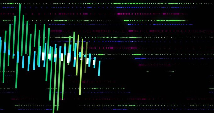 Vertical bars emerging left growing rightward pulsing and visualizing audio over sliding dots