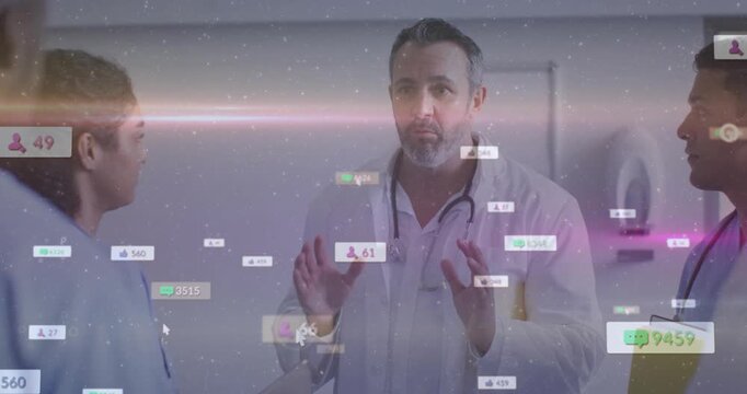 Male physician holding yellow folder reviewing clinical case, overlays floating across group