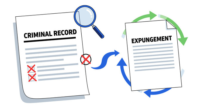 Illustration of the concept of the "Expungement" or criminal record removal process with document and magnifying glass icons.