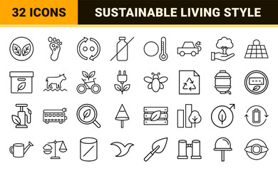 Naklejka premium Sustainability and ecology line icon set for green energy and carbon footprint conservation.