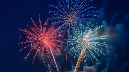 Obraz premium Vibrant fireworks explode in the night sky with colorful displays nearby