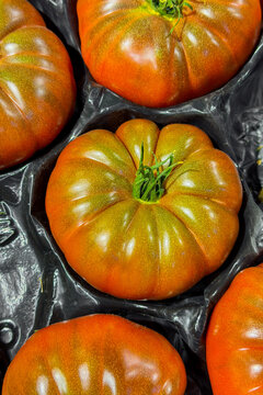 Harvested ripe heirloom tomatoes arranged in black molded trays