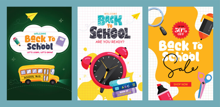 Back to school greeting clipart poster set with school elements like bus, books, pencil, and alarm clock on colorful backgrounds for classroom projects and educational templates. Vector illustration.
