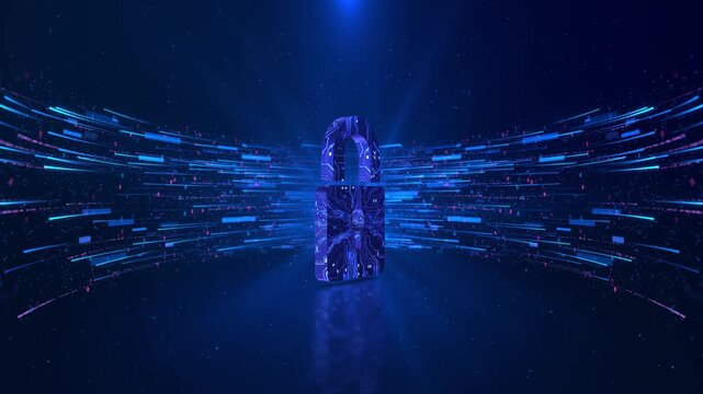3D Digital Padlock with Glowing Data Streams Light Rays security lock icon standing curved digital data streams in a dark blue space. for encryption, cybersecurity, and financial data protection.
