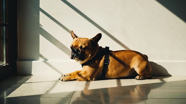 A brown dog wearing a harness lies on a tiled floor in sunlight.