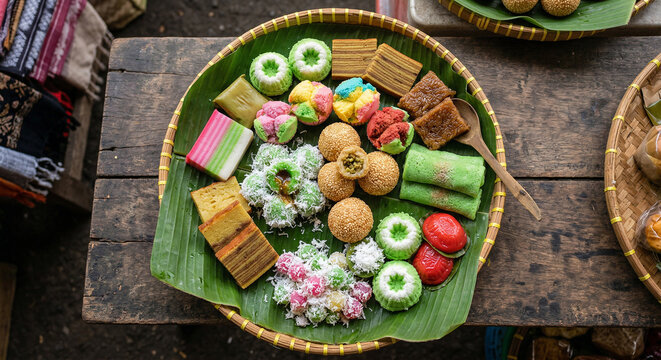 Colorful Indonesian Jajanan Pasar Traditional Market Snacks Flat Lay Banana Leaf Klepon Onde Onde Cenil