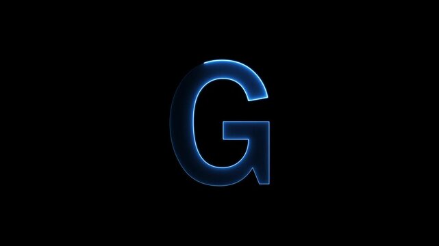 Glowing neon letter 'G' symbol, a shiny light font illustration on a black background English alphabet education type word writing letter text effect smooth footage sign symbol with black background