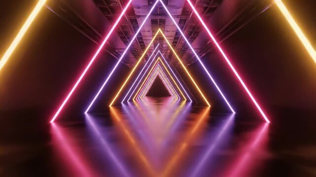 Bright neon lights form geometric shapes in dark space. Colorful reflections create dynamic atmosphere. Concept of event planning, entertainment, creative industries
