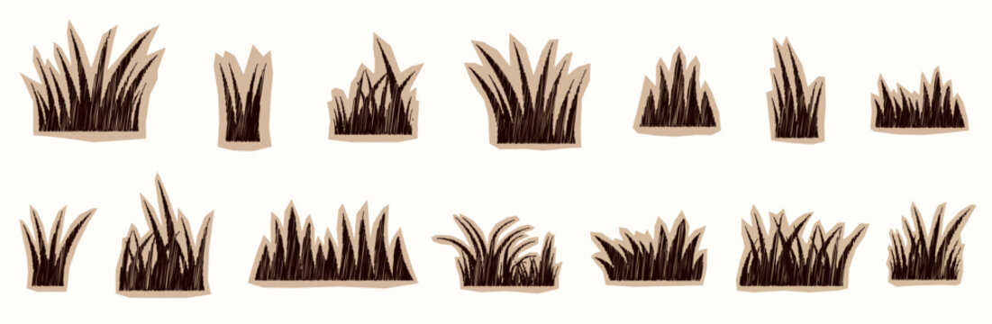 Vector scrapbook grass tuft grunge shapes, paper collage doodle silhouettes elements for backgrounds and product designs