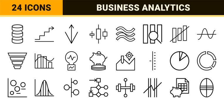 Business data visualization and financial analytics outline icon set