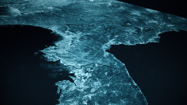 Global satellite surveillance map, military intelligence interface, geopolitical data visualization, cyber warfare concept, strategic monitoring, dark cinematic tech background : North Korea