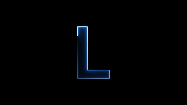 Glowing neon letter 'L' symbol, a shiny light font illustration on a black background English alphabet education type word writing letter text effect smooth footage sign symbol with black background