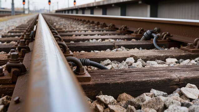 Close-up of steel railway rails and wooden sleepers with gravel ballast, track fastenings and cable connections, perspective of tracks fading into distance with signals, transport and logistics