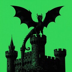Fototapeta premium Black Dragon Perched Atop a Medieval Stone Castle Tower with Spread Wings, Isolated on Vibrant Green Background