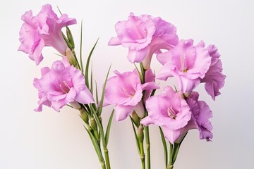 Obraz premium Pink gladiolus flowers with green leaves creating a beautiful floral arrangement