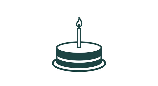 Birthday Cake Icon with Candle Flame, Celebration Concept, Simple Line Art