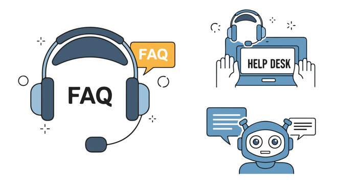 Customer support icons, FAQ, help desk, chatbot, vector graphics
