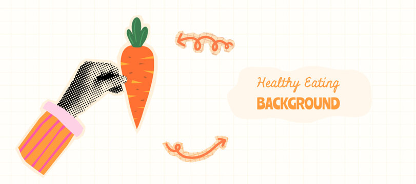 Fun vector collage with halftone hand holding a carrot, cute design with copy space for banners, food packaging