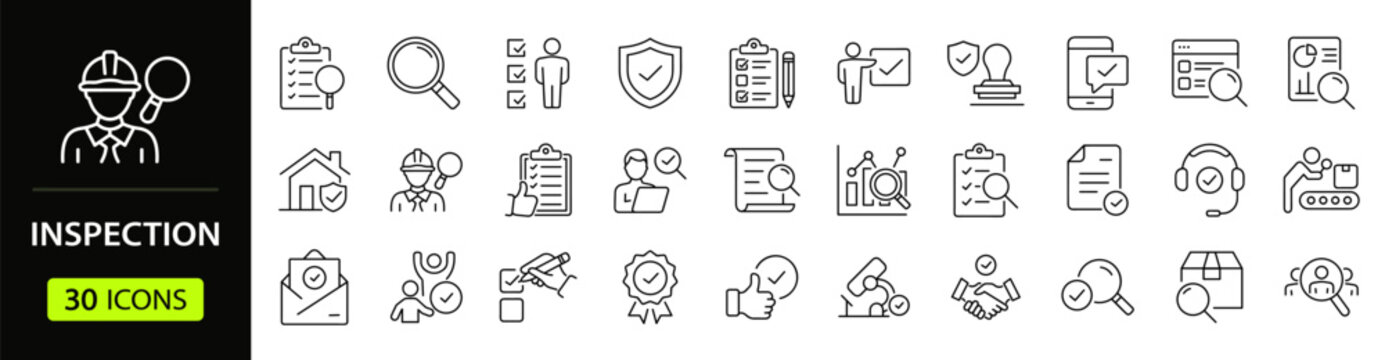 Inspection Web Icon Set in Linear Style. Collection of quality control, line icons, including checks product, evaluation, testing, quality assurance, certification, check and more. Editable stroke