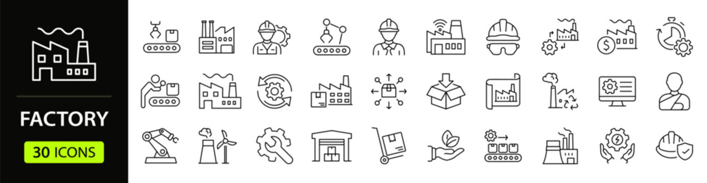 Factory and manufacturing Web Icon Set in Linear Style. Collection of manufacturing line icons, including automation, plants, industrial, production, machine, warehouse and more. Editable stroke
