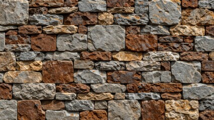 Fototapeta premium Closeup Texture of a Rough Stone Wall Featuring Natural Irregular Rocks in Earthy Tones of Gray, Brown, Tan and Rust with Detailed Surface Patterns