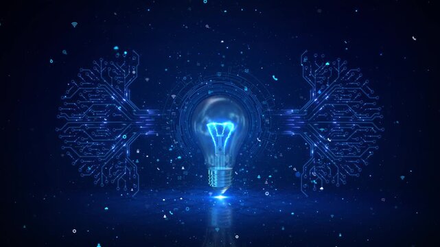 Glowing Lightbulb Digital Circuit Innovation Animation, Bright lightbulb circuit lines ideas technology fusion. for innovation presentations, startup videos, creative science visuals smart technology