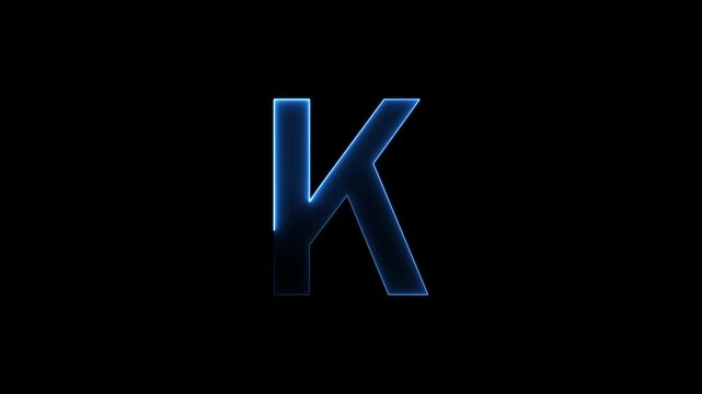 Glowing neon letter 'K' symbol, a shiny light font illustration on a black background English alphabet education type word writing letter text effect smooth footage sign symbol with black background
