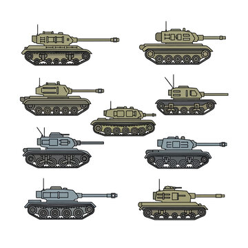 Collection of Military Tanks, Armored Vehicles, Illustration Set