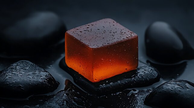 Close-up of a glowing red cube on dark stones.