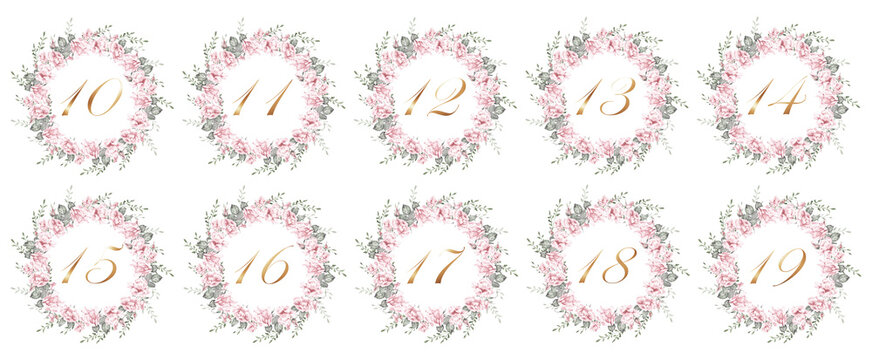 Elegant watercolor floral wreath numbers set from 10 to 19 with soft pink flowers and green leaves. Golden calligraphy digits inside round frames, perfect for wedding design, invitations, branding
