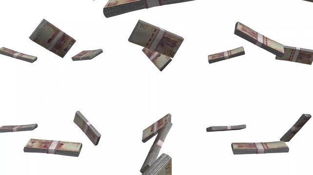 Lesotho Money, Lesotho Loti Banknotes Falling, LSL Currency Stacks, White Background, 4K