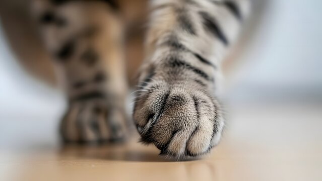 Closeup of tiger paw on floor.