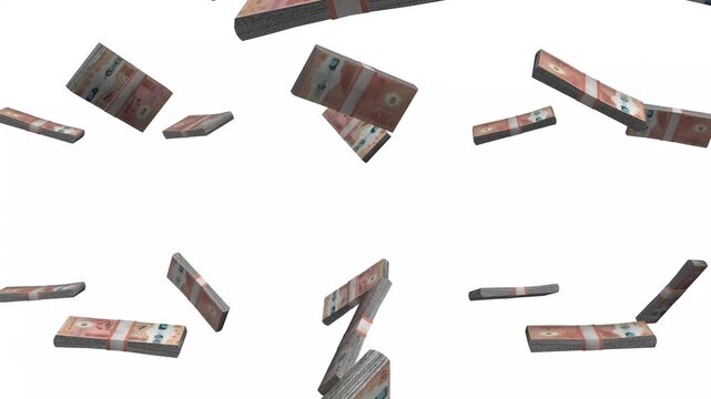 Libya Money, Libyan Dinar Banknotes Falling, LYD Currency Stacks, White Background, 4K