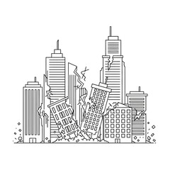Obraz premium Destruction Cityscape Line Art: Damaged Buildings After Earthquake