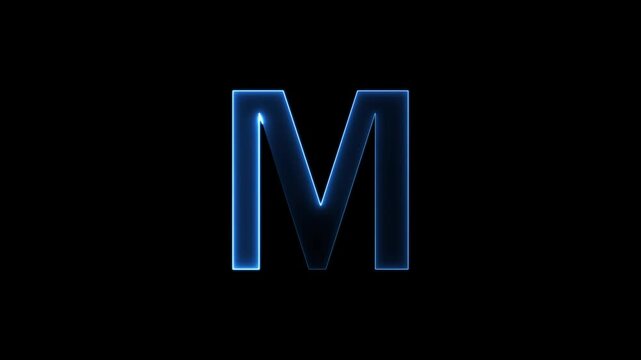Glowing neon letter 'M' symbol, a shiny light font illustration on a black background English alphabet education type word writing letter text effect smooth footage sign symbol with black background