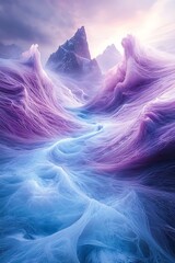 Obraz premium Ethereal violet and blue cascade landscape with mountainous formations afar