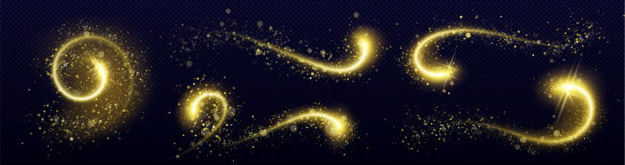 Naklejka premium Magical golden glitter trail with sparkling dust particles and glowing star rays, vector swirl effect on dark transparent background. Festive wavy designs elements, shimmering powder