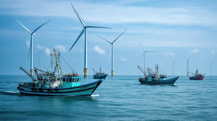 Obraz premium Serene Coexistence: Offshore Wind Farm and Fishing Boats in Gulf of Thailand. Harmony of Industry and Tradition.