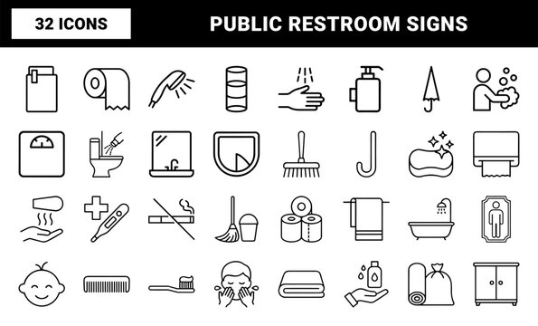 Public restroom and bathroom hygiene line icon set