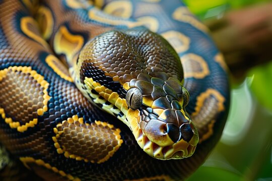 Close up of a ball python resting on a branch, displaying its vibrant scales and fangs