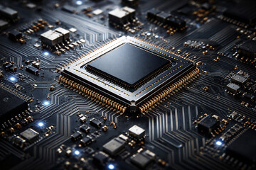 Fototapeta premium Microchip Processor on Circuit Board Close-Up, Semiconductor Technology, AI Hardware and Computing Power Concept