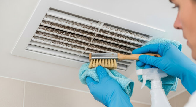 Person cleaning air vent with focus and determination in a bright indoor space