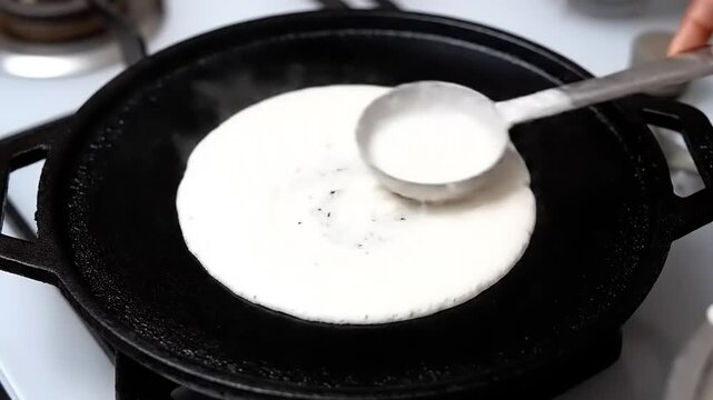 Making Delicious Dosa Batter on a Hot Griddle.