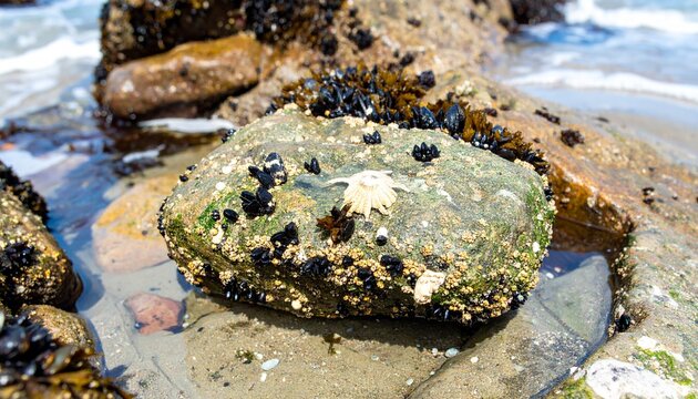Close-up of barnacle-encrusted rock with chiton and mussels in coastal tide pool