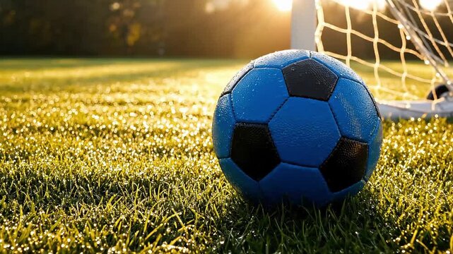 blue football ball with black inserts lies on the green grass near the stadium goal in the rays of the setting sun creating an atmosphere of anticipation for the world cup 2026