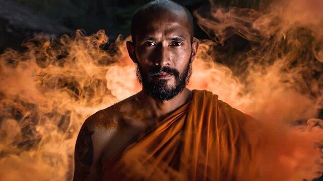 A Buddhist monk stands amidst intense orange flames, conveying a sense of calm and spirituality.