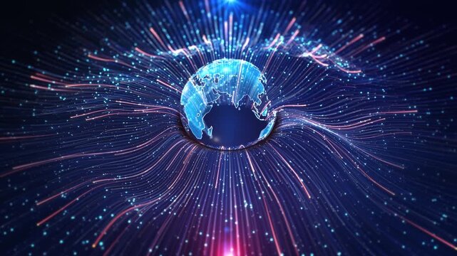 Futuristic Digital Earth Data Stream Technology globe flowing data lines global network connection. presentations, AI visuals, innovation concepts, big data themes, digital communication backgrounds.